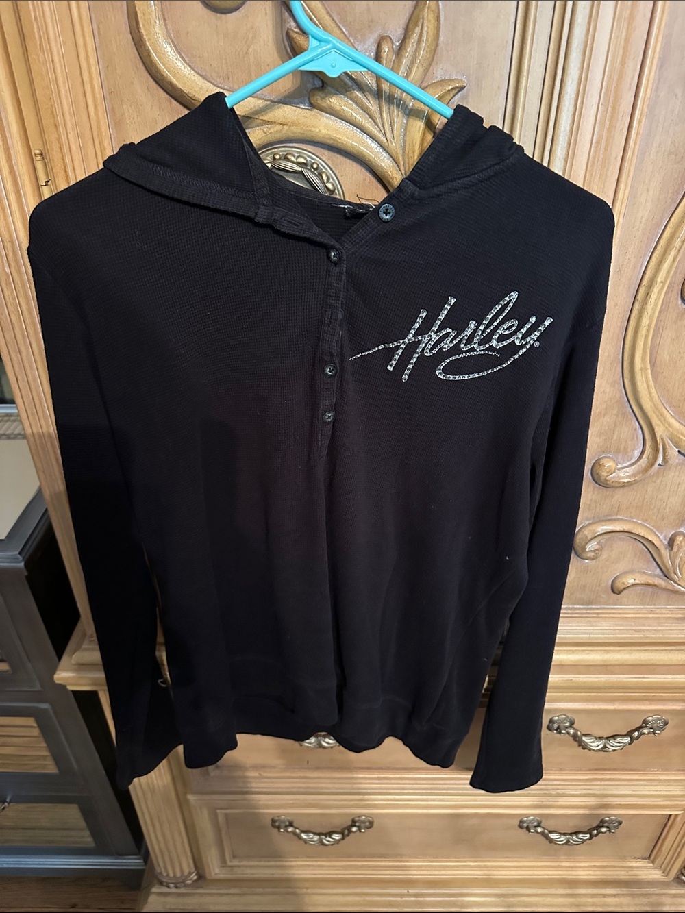 Embellished Black Hooded Henley Top - Women's